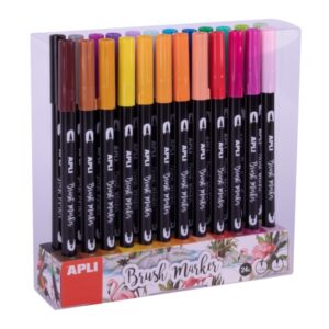 apli brush marker pack de 24 rotuladores acuarelables de doble punta punta pincel de 1 4mm y punta redonda de 1mm tinta base de agua inodora y no toxica colores surtidos