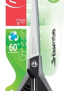 maped essentials tijeras de acero inoxidable 17cm simetricas hojas afiladas mangos 60% de plastico recicldo color negro