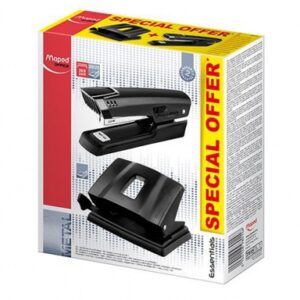 maped essentials metal pack de grapadora metalica e3543 + taladro metalico e4024 grapa hasta 25 hojas a la vez admite grapas 24/6 y 26/6 perfora hasta 25 hojas color negro
