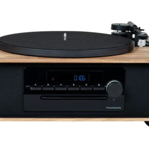 thomson mic300tt micro cadena 60w bluetooth 5.0 con tocadiscos integrado reproductor de cd, radio fm, reproductor usb (mp3) mando a distancia color madera/negro