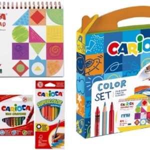 carioca color set pack con 12 ceras, 12 rotuladores y 12 lapices de colores + bloc de dibujo a4 colores surtidos