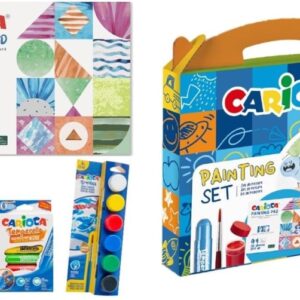 carioca painting set pack con 12 acuarelas, 6 temperas y 6 temperas solidas + bloc con 20 hojas a4 colores surtidos