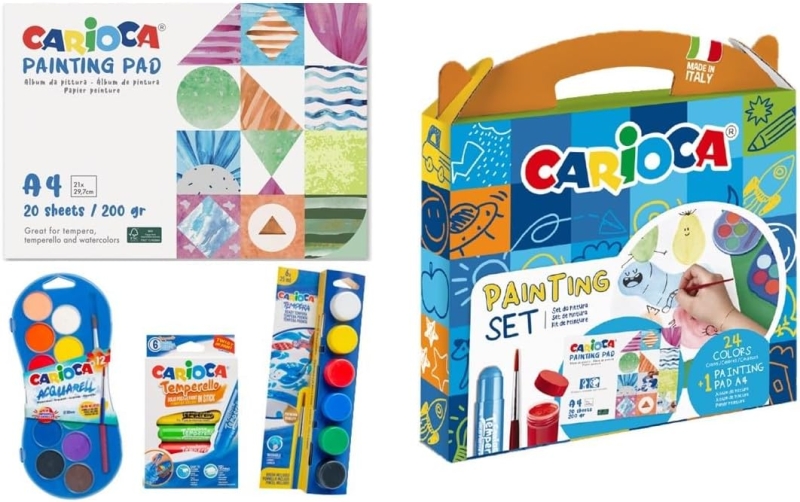 carioca painting set pack con 12 acuarelas, 6 temperas y 6 temperas solidas + bloc con 20 hojas a4 colores surtidos