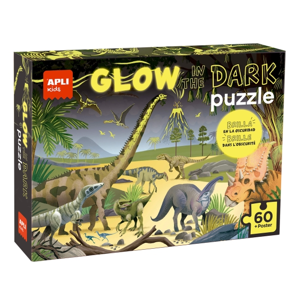 apli glow in the dark puzzle fluorescente de 60 piezas 6x6cm tematica dinosaurios efecto fluorescente que revela diseños ocultos poster para facilitar montaje recomendado para niños a partir de 4 años