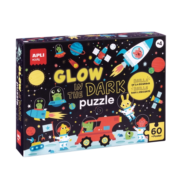 apli glow in the dark puzzle fluorescente de 60 piezas 6x6cm tematica espacio efecto fluorescente que revela diseños ocultos poster para facilitar montaje recomendado para niños a partir de 4 años