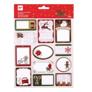 apli pack de 12 etiquetas adhesivas navideñas para regalos tamaños y diseños surtidos espacio para escribir