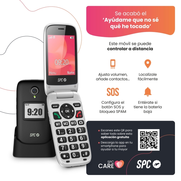 spc polaris telefono movil 4g con pantallas principal 2.8" exterior 1.4" y tapa camara, radio fm, linterna manos libres color negro/plata