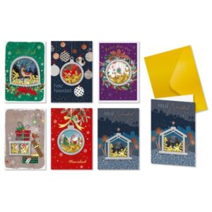 bismark pack de 24 tarjetas de felicitacion navideña con sobre dorado tamaño tarjeta 11.5x17cm diseños variados con foil y confetti