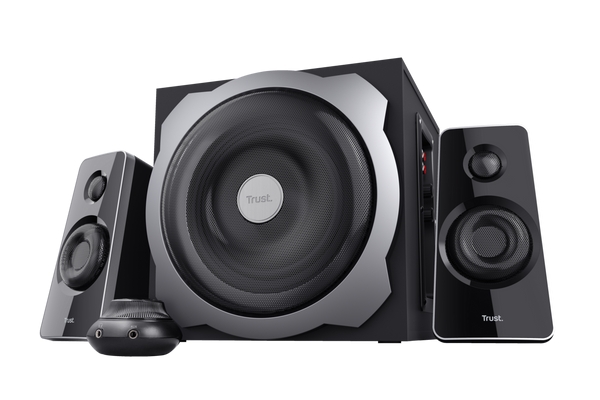 trust tytan juego de altavoces 2.1 usb 120w subwoofer de madera mando a distancia entrada jack 3.5mm color negro