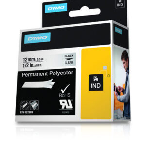 dymo rhino id1 12 cinta de etiquetas original para rotuladora texto negro sobre fondo transparente ancho 12mm x 5.5 metros 622289
