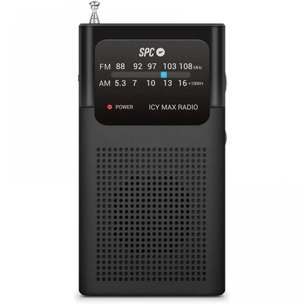 spc icy max radio portatil analogica fm/am entrada jack 3.5mm antena telescopica alimentacion con pilas color negro