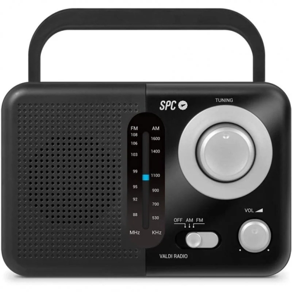spc valdi radio portatil analogica fm/am 0.8w asa de transporte entrada jack 3.5mm antena telescopica alimentacion ac y pilas color negro