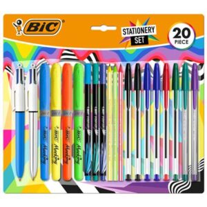 bic escritura multicolor pack de 20 piezas variadas 6 bic cristal original, 2 bic cristal fun, 2 bic 4 colores, 3 bic intensity fine, 4 bic highlighter grip y 3 bic evolution stripes hb