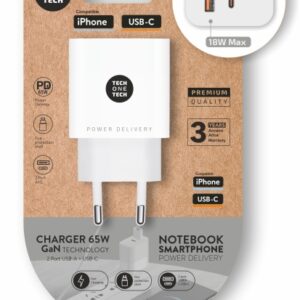 techonetech cargador de pared pd 65w con 1 puerto usb c + 1 puerto usb a