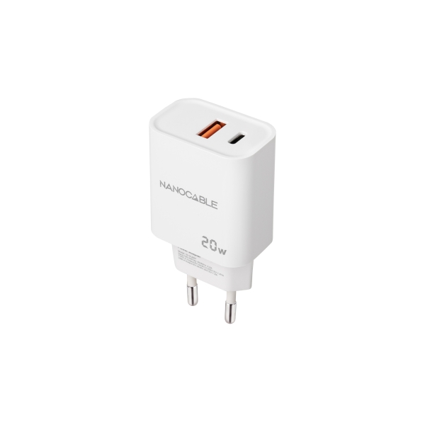nanocable cargador de pared usb c/pd + usb a/qc 20w color blanco