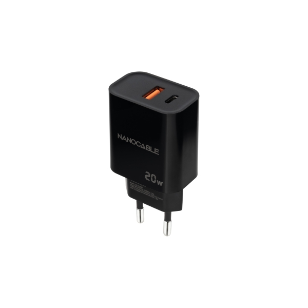 nanocable cargador de pared usb c/pd + usb a/qc 20w color negro