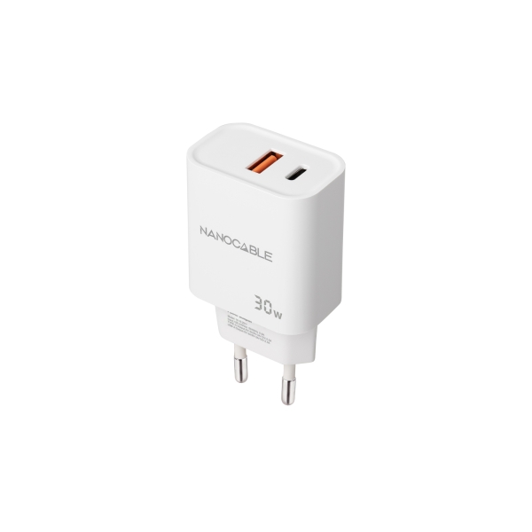 nanocable cargador de pared usb c/pd + usb a/qc 30w color blanco