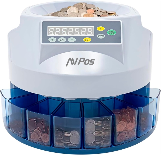 avpos contador/clasificador de monedas ccm6 monedas desde 1 centimo hasta 2 euros color blanco/azul