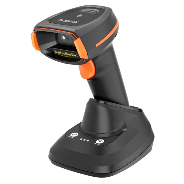 approx lector de codigos de barras 1d/2d inalambrico con base de carga indicador led, beeper y vibracion velocidad de escaneo 60fps disparo manual o automatico autonomia hasta 12h color negro/naranja