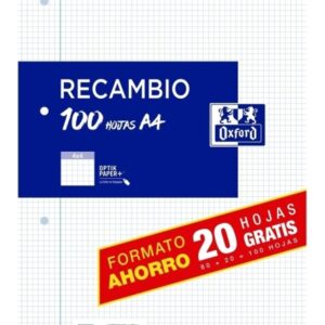 oxford recambio formato a4 cuadriculado 4x4mm 4 taladros 80 hojas + 20 gratis 90gr con margen