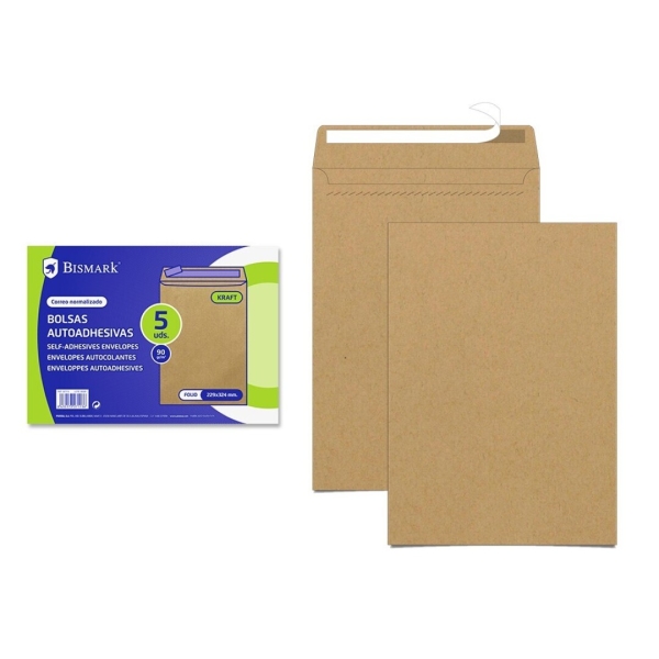 bismark pack de 5 sobres de papel kraft 90gr medidas 229x324mm cierre autoadhesivo color marron