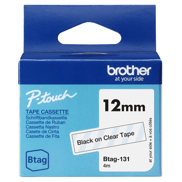 brother btag 131 cinta 12mm texto negro sobre fondo transparente medidas 12mmx4 metros apta para ptn10, ptn20, ptn25bt