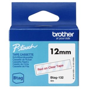 brother btag 132 cinta 12mm texto rojo sobre fondo transparente medidas 12mmx4 metros apta para ptn10, ptn20, ptn25bt