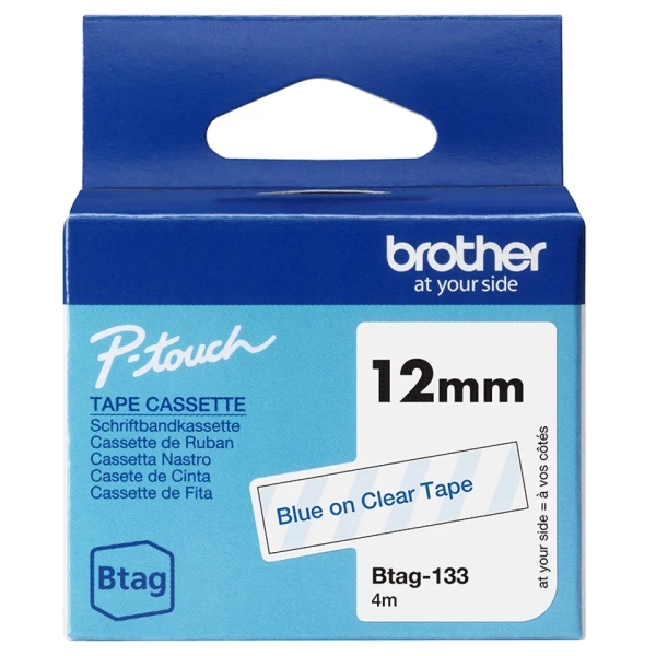 brother btag 133 cinta 12mm texto azul sobre fondo transparente medidas 12mmx4 metros apta para ptn10, ptn20, ptn25bt