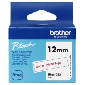brother btag 232 cinta 12mm texto rojo sobre fondo blanco medidas 12mmx4 metros apta para ptn10, ptn20, ptn25bt
