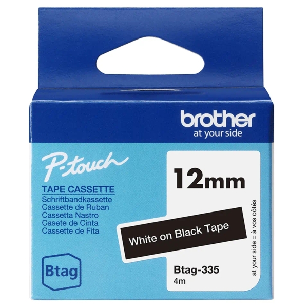 brother btag 335 cinta 12mm texto blanco sobre fondo negro medidas 12mmx4 metros apta para ptn10, ptn20, ptn25bt