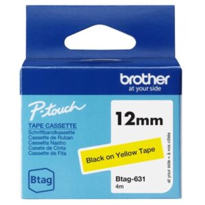 brother btag 631 cinta 12mm texto negro sobre fondo amarillo medidas 12mmx4 metros apta para ptn10, ptn20, ptn25bt
