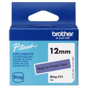 brother btag f31 cinta 12mm texto negro sobre fondo morado medidas 12mmx4 metros apta para ptn10, ptn20, ptn25bt