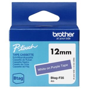 brother btag f35 cinta 12mm texto blanco sobre fondo morado medidas 12mmx4 metros apta para ptn10, ptn20, ptn25bt