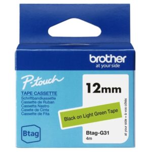 brother btag g31 cinta 12mm texto negro sobre fondo verde medidas 12mmx4 metros apta para ptn10, ptn20, ptn25bt