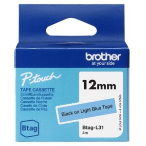 brother btag l31 cinta 12mm texto negro sobre fondo azul claro medidas 12mmx4 metros apta para ptn10, ptn20, ptn25bt