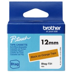 brother btag t31 cinta 12mm texto negro sobre fondo naranja medidas 12mmx4 metros apta para ptn10, ptn20, ptn25bt