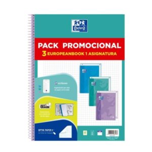 oxford europeanbook 1 touch pack de 3 cuadernos espiral formato a4+ cuadriculado 5x5mm 80 hojas 90gr tapa extradura tacto suave recuadro de color colores pastel surtidos