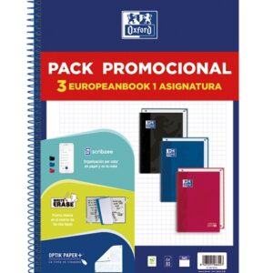oxford europeanbook 1 classic pack de 3 cuadernos espiral formato a4+ cuadriculado 5x5mm 80 hojas 90gr tapa extradura tacto suave recuadro de color colores vivos surtidos