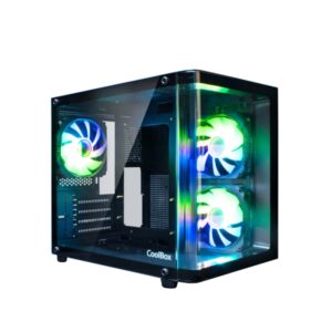 coolbox gm100 vision caja mini torre micro atx, mini itx frontal y lateral cristal templado tamaño hdd 2.5" usb a 3.0 y audio 3 ventiladores argb 120mm soporta refrigeracion liquida