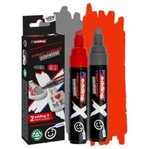edding x 6900 pack de 2 rotuladores multisuperficie permanentes de tinta opaca punta biselada con trazo 2 10mm color gris y rojo