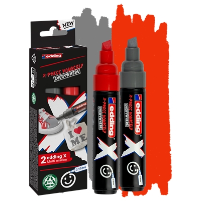 edding x 6900 pack de 2 rotuladores multisuperficie permanentes de tinta opaca punta biselada con trazo 2 10mm color gris y rojo