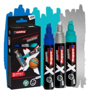 edding x 6900 oceano pack de 3 rotuladores multisuperficie permanentes de tinta opaca punta biselada con trazo 2 10mm color azul, plata y turquesa