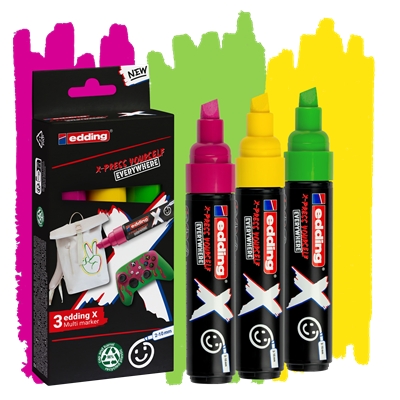 edding x 6900 caramelo pack de 3 rotuladores multisuperficie permanentes de tinta opaca punta biselada con trazo 2 10mm color amarillo, verde y magenta