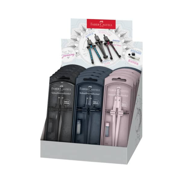 faber castell stream 2025 expositor con 15 compases escolares de ajuste rapido circunferencias de hasta Ø 340mm incluye bote de minas colores rosa, negro y azul marino