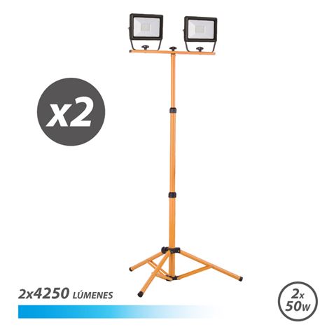 elbat foco led con tripode 2 x 50w 4250 lumenes 6500k luz fria cable de 3m ip65 para uso en exterior