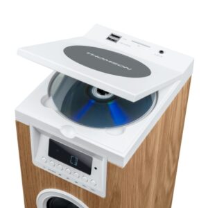 thomson ds121cd torre de sonido bluetooth 30w, radio fm, usb, reloj digital, diseño madera/blanco