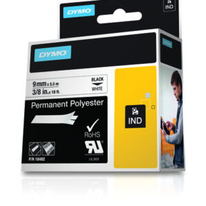 dymo rhino id1 9 cinta de etiquetas original para rotuladora texto negro sobre fondo blanco ancho 9mm x 5.5 metros 18482