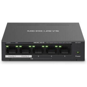 mercusys switch 5 puertos gigabit rj45 10/100/1000mbps 4 puertos poe diseño compacto plug & play carcasa de metal