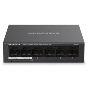 mercusys switch 6 puertos rj45 10/100mbps 4 puertos poe largo alcance hasta 250m en modo extendido carcasa de metal