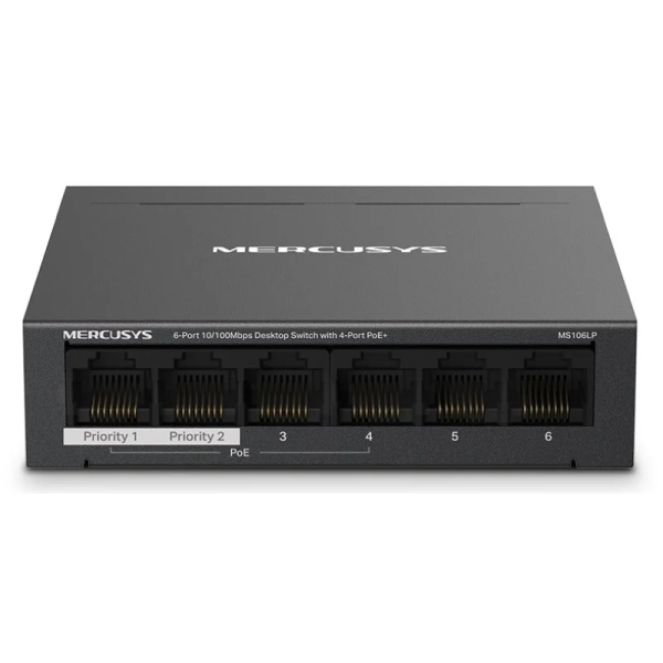 mercusys switch 6 puertos rj45 10/100mbps 4 puertos poe largo alcance hasta 250m en modo extendido carcasa de metal